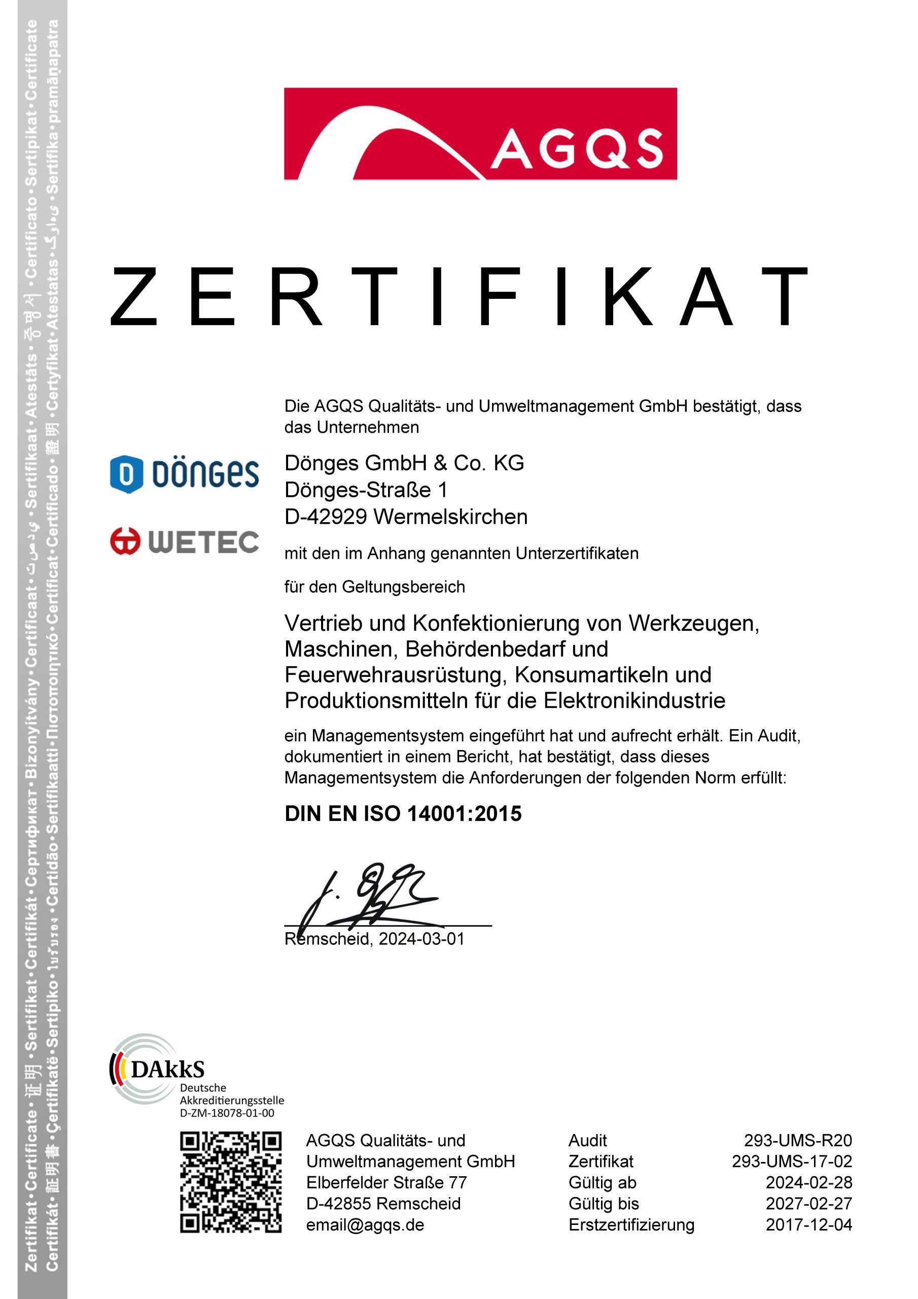 Zertifikat DIN EN ISO 14001:2015