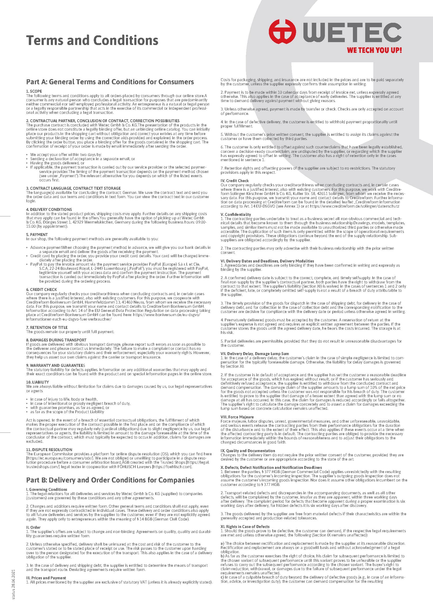 TERMS & CONDIOTIONS WETEC GMBH & CO. KG | ENGLISCH